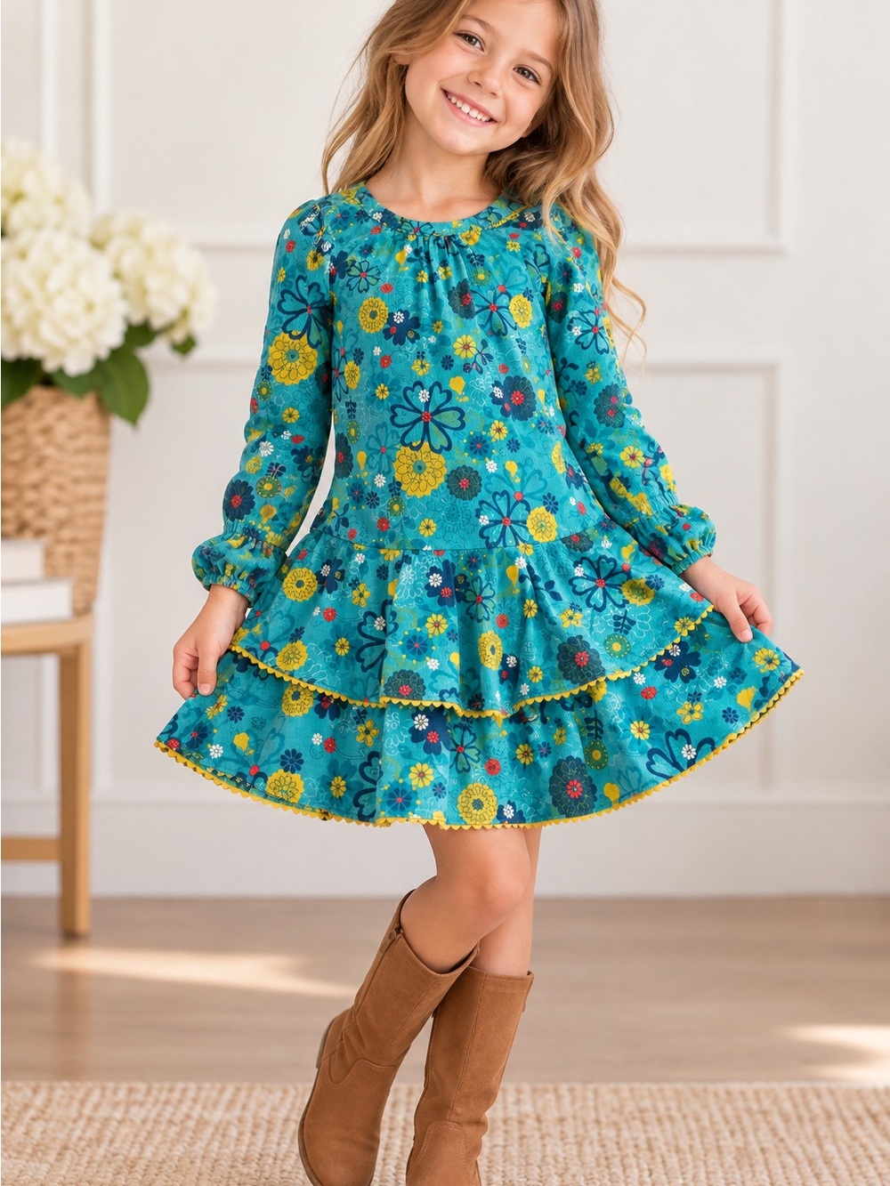 Le top Girls Teal Floral Tiered Long-Sleeve Dress